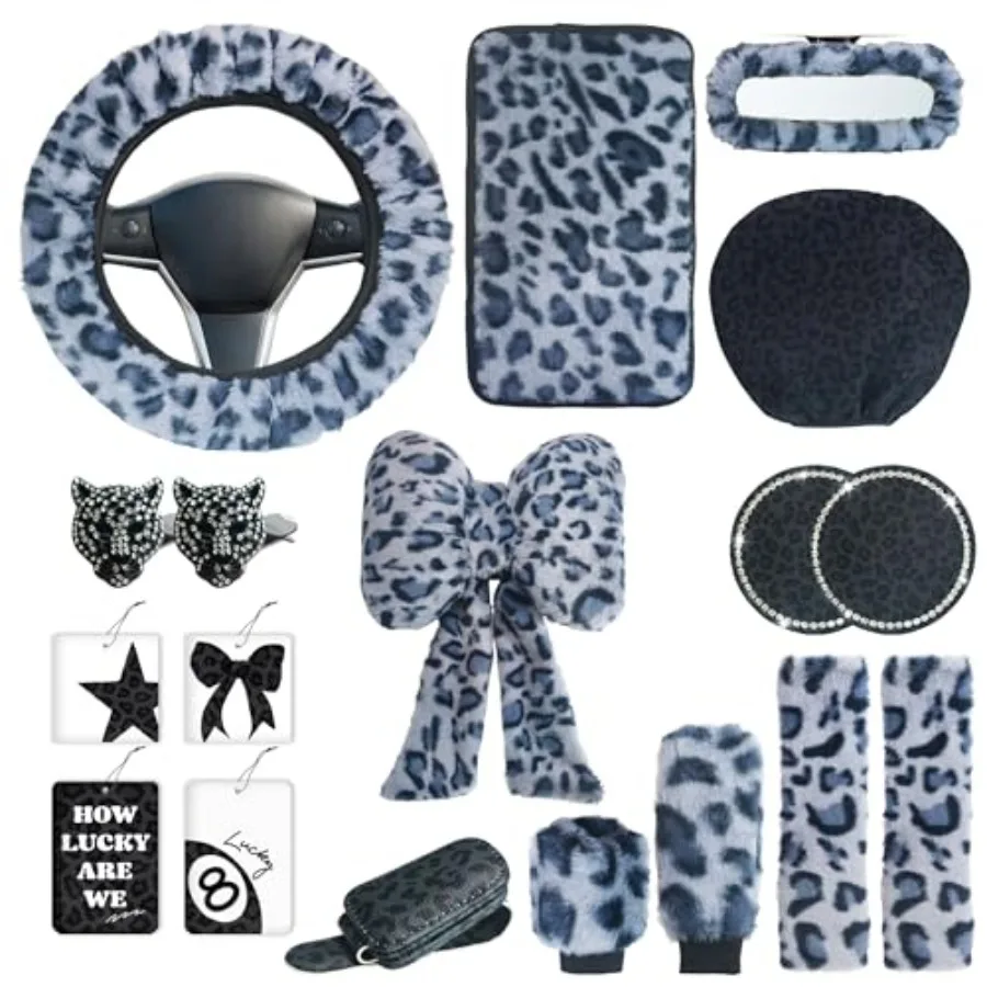 19 Pcs Fluffy Car Accessories Set, Fluffy Plush Leopard Print Steering Wheel Covers, Plush Head Pillow, Pillowcase, Eyeglasses