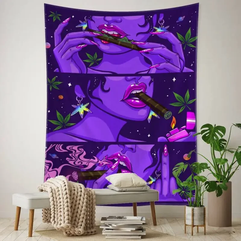 VIKAMA Trippy Psychedelic Alien Girl Tapestry Neon Pink Green Space Starry Cartoon Wall Hanging Hippie Dorm Bedroom Decor