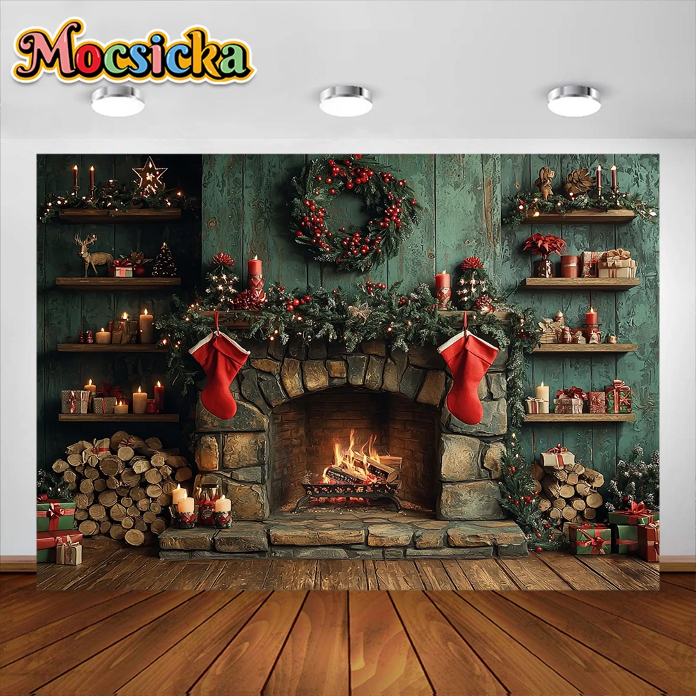 خلفية التصوير الفوتوغرافي لغرفة الكريسماس ، شجرة عيد الميلاد الموقد ، ديكور العطلة ، مستلزمات استوديو الصور العائلية