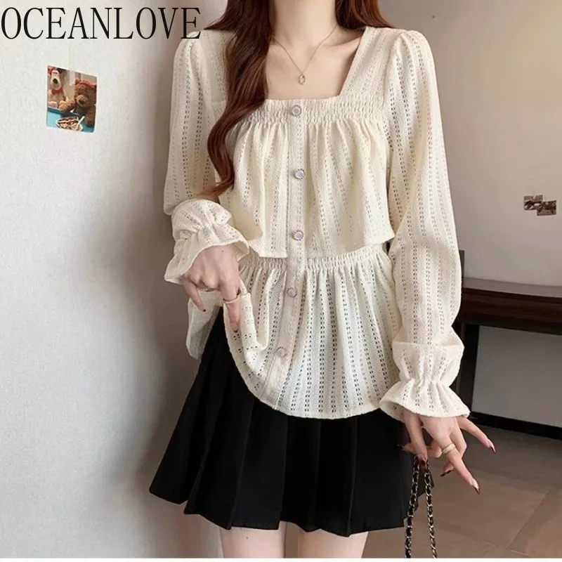 

OCEANLOVE Women Shirts&blouses Spring Autumn Ruffles Solid Sweet Blusas Mujer Korean Fashion Elegant Vintage Simple Camisas