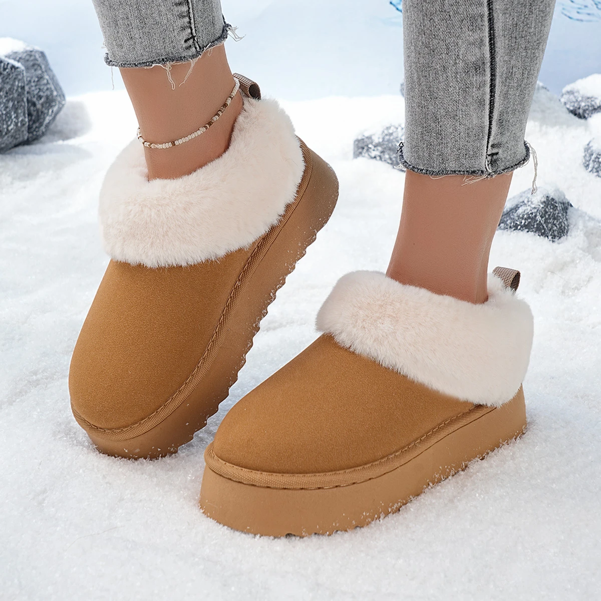 2026 Winter Women's Furry Faux Fur Ankle Boots Thick Warm Long Plush Snow Boots Women Platform Flurry Cotton Padded Shoes Woman