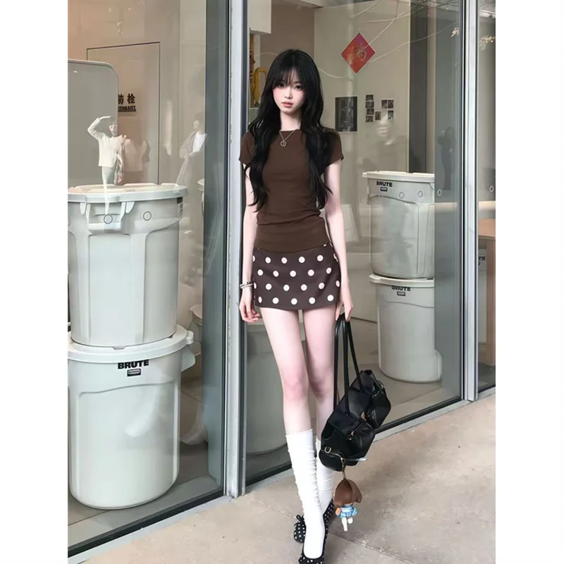 Summer Women Minimalist Two Piece Set Round Neck Slim Fit Top Retro Polka Dot Bodycon Mini Skirt Hot Girl Casual Matching Outfit