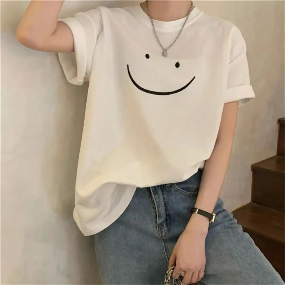 Cute Smiling Face Short-sleeved T-shirt Women's Summer White Harajuku Short-sleeved New Korean Style Loose Top Clothes Tee 2024