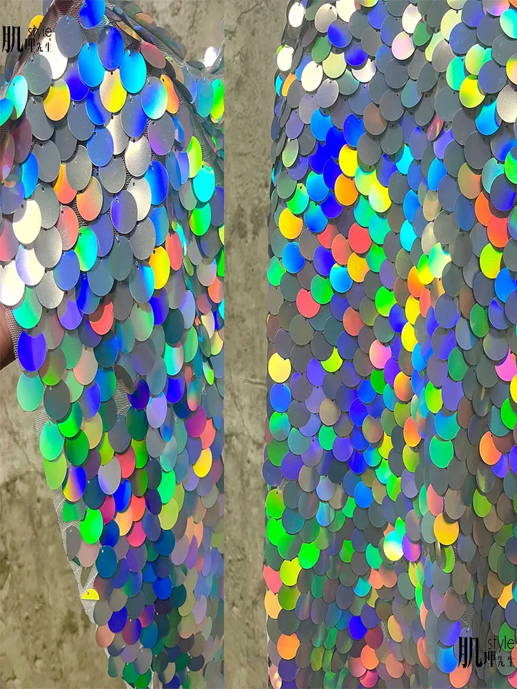 

Colorful fish scale sequin fabric DIY clothing designer fabric gradient laser iridescent large sequin dress fabric