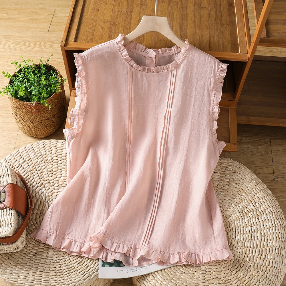 Ladies Summer New Style round Neck Sleeveless Vest Japanese Lazy Style Vertical Stripe Pleated Ruffle Hem Doll Shirt Thin Cot...