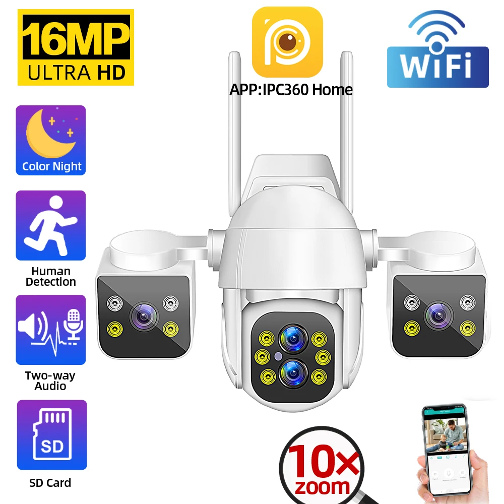 Caméra de sécurité extérieure sans fil avec suivi automatique, caméra de vidéosurveillance CCTV, n'aime 10X, 4 objectifs, 3 écrans, 16MP, 4K, WiFi, PTZ