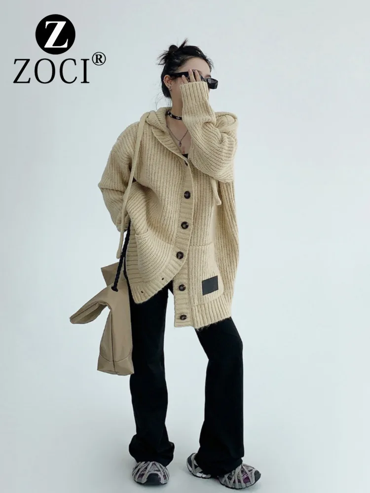 

[ZOCI] 2024 Scrap Wood Winter High-end Heavy Industry Thick Needle Thick Hooded Sweater Jacket Women Loose Lazy Couple Knitted