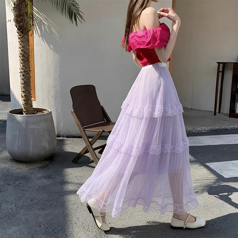 Retro Süßer Weißer Langer Rock für Damen, Lässiger Lockerer Rock mit Hoher Taille, Eleganter Vintage-Rock mit Spitzenbesatz, Koreanischer Sommer-Langrock – Detail 11