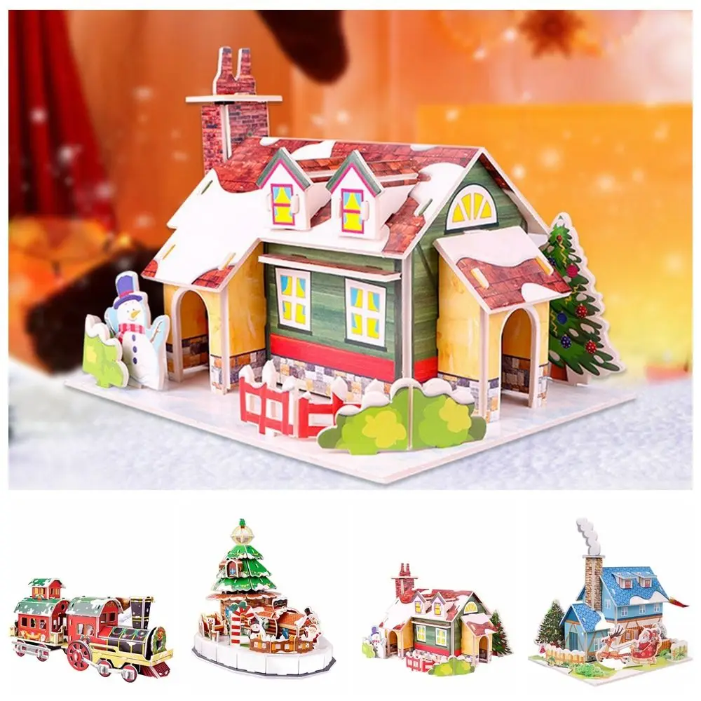 Learning Christmas House Christmas 3D Puzzle Train DIY Paper Card Jigsaw Christmas Tree Handmade Children Model Toy Toddlers