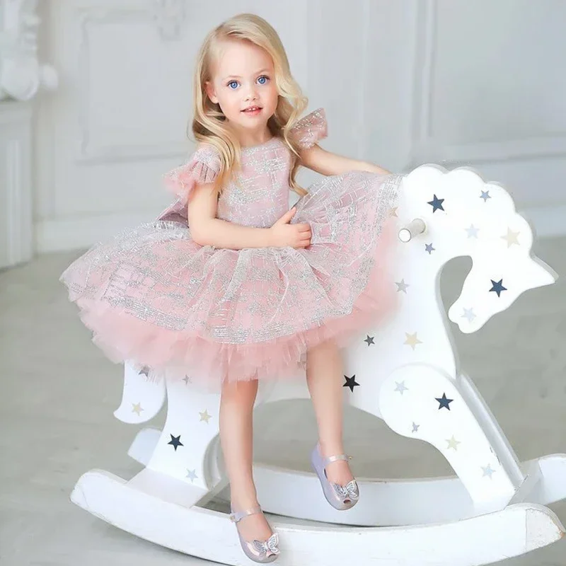 

Cute Pink Girl Dress Cap Sleeve Glitter Tulle Puff For Wedding Birthday Formal Prom First Communion Gowns