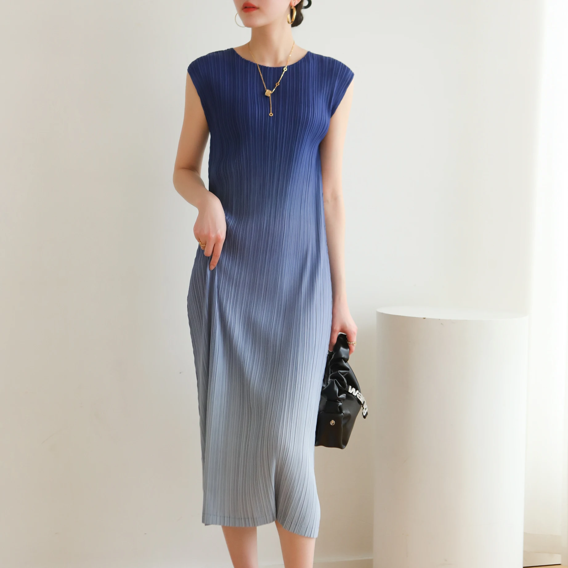 

Counter quality 2023 summer Miyake fold British ethos commuting high-end color printing slim dress