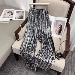 Streetwear Sparkling Sequin Wide Leg Pants Casual Elastic High Waisted Straight Leg Mop Pants Large Size Trousers