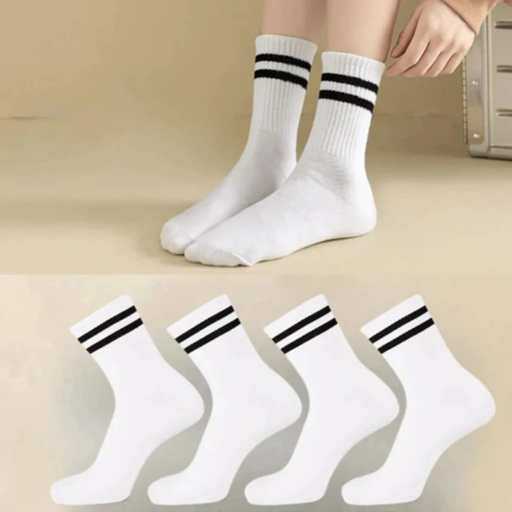 4 Pairs Versatile Women\'s Socks Simplicity Parallel Bar Pattern Fashion Breathable Autumn High Quality Women\'s Mid Length Socks