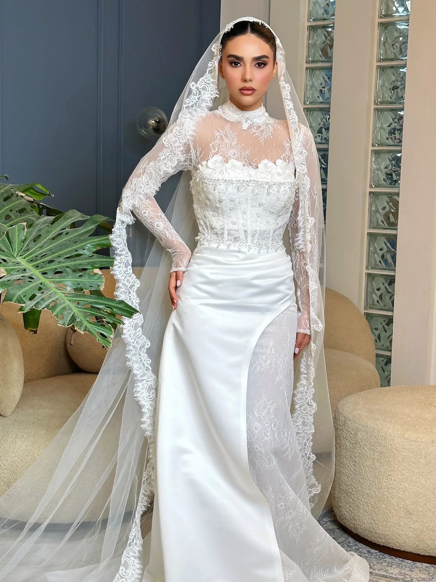 Customized Unique Lace Mermaid Wedding Dress with Overskirt Lace Long Sleeve Bride Dresses Corset Vestidos De Novia