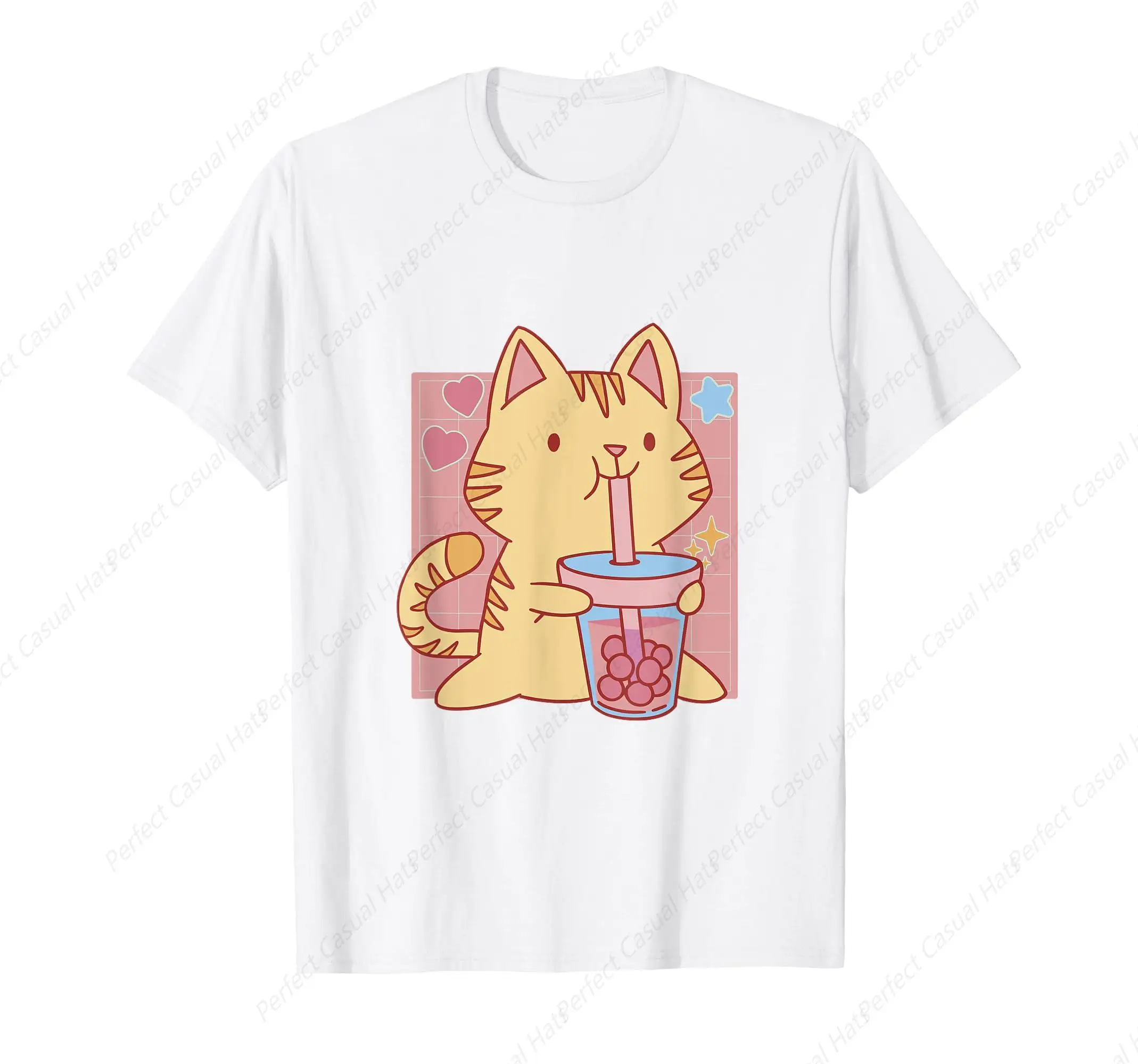 

Hoot-Selling Tabby Cat With Boba Tea Cute Kawaii Cat Graphic Printing T-Shirt