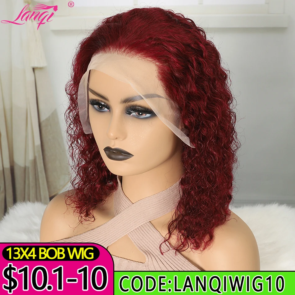 99j Burgunder kurze lockige Bob Perücken 13x4 Spitze Frontal Perücken für Frauen Menschenhaar mit Baby Haar transparente Spitze Wasser Bob rote Perücke