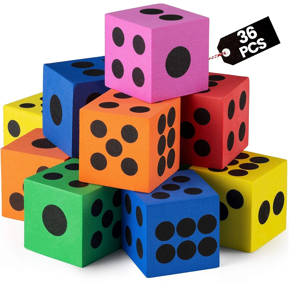 

Foam Dice Set - Bulk Pack of 36, 1.5 Inch Large Assorted Colorful Foam Dice Cubes with Number Dots, Use for Kids, Classrooms