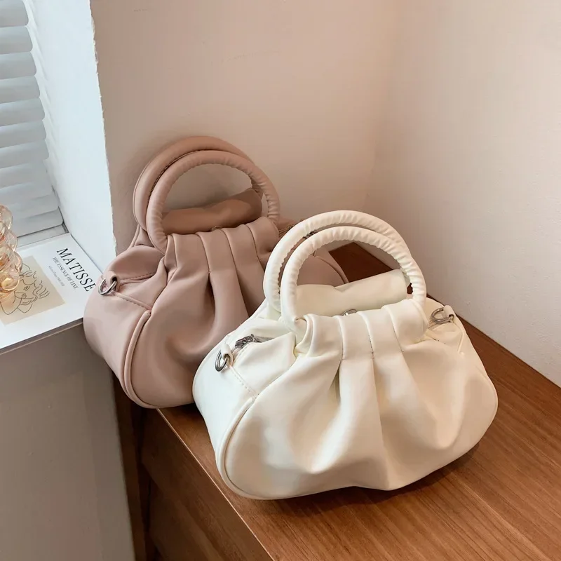

Retro Women's Pleated Fashion Round Handle Handbag Solid Color Leather Shoulder Crossbody Female Commuting Messenger Bag