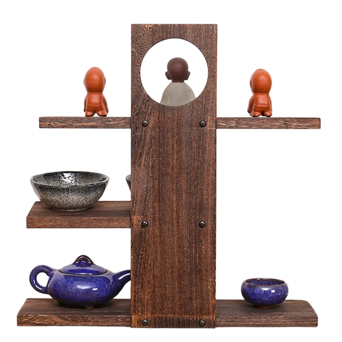 Home Tool Chinese Style Storage Holders Solid Wood Retro Design Wooden Tea Set Rack Tea Set Multi-Layer Tea Cup Display Shelf