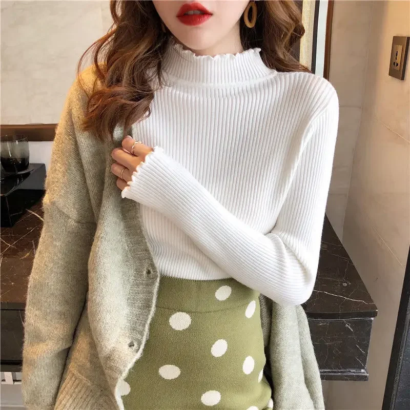 

Mock Neck Skinny Elastic Knitted Shirt Women Pullover Sweater Tops Spring Autumn Female Long Sleeve Slim Knit Bottoming Shirts