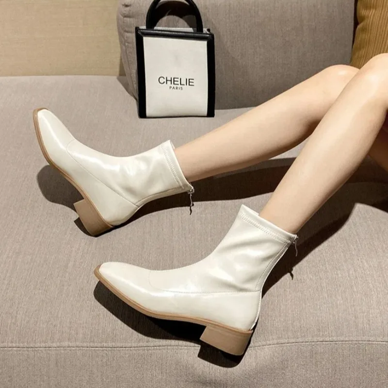 

Exquisite Women Shoes New Fashion Square Head Stretch Boots Luxury Soft Leather Ankle Boots for Woman Designer Shoes Botas Mujer
