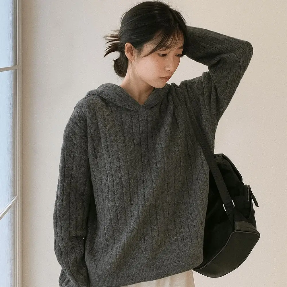 

Spring Autumn Long Sleeve Knitted Hoodies Casual Pullover Hooded Sweatshirts Loose Simple Hooded Knitted Sweater Women