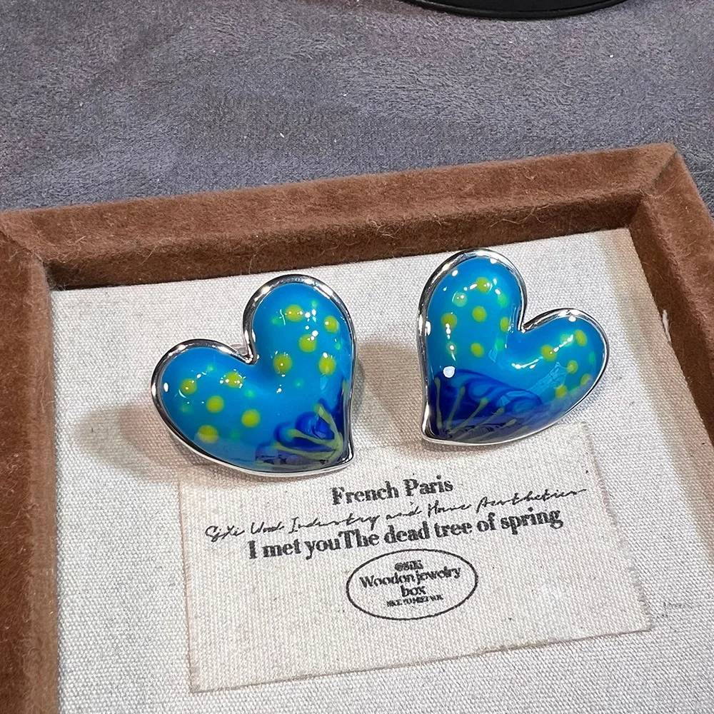 

Оригинальные серьги Van Gogh Starry Sky Blue с картиной маслом, 18-каратные европейские преувеличенные классические синие серьги-гвоздики в форме сердца