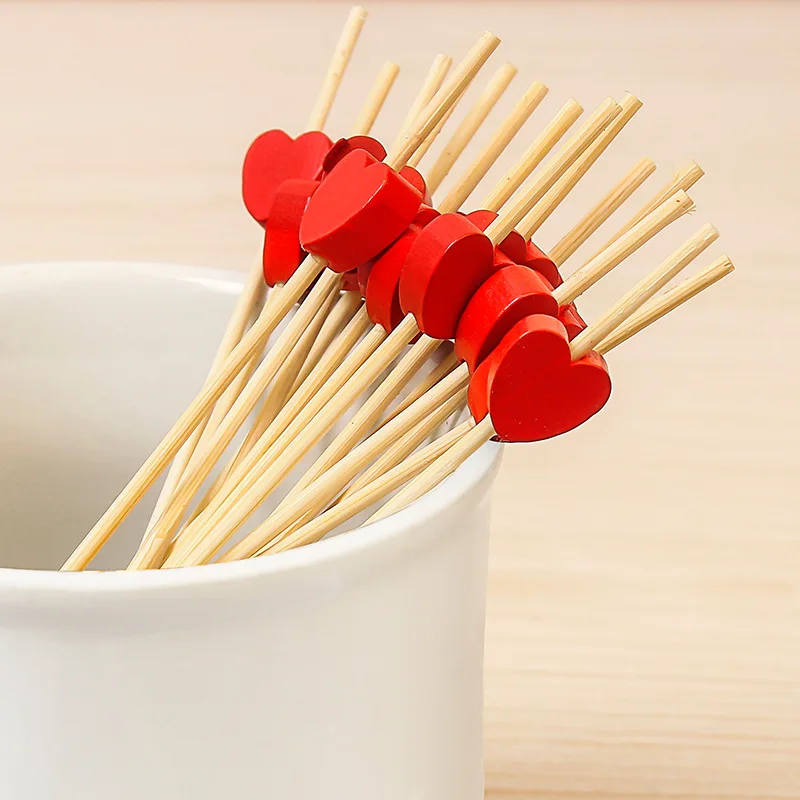 50Pcs/set Red Heart Fruit Sticks Disposable Bamboo Sticks Wedding Party Supplies Bridal Shower Girls Birthday Party Decor