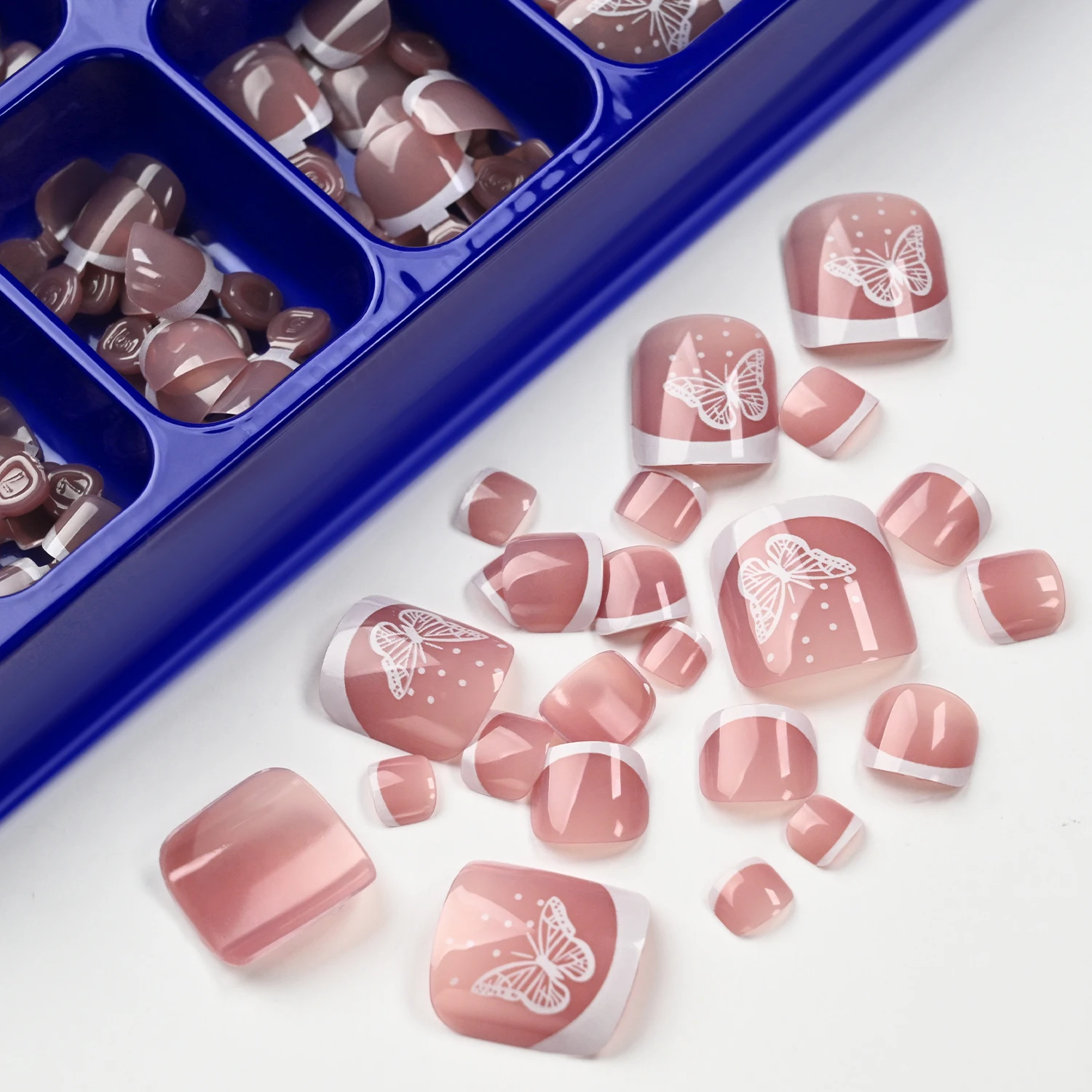 120 Stück Nude-Rosa Französische Künstliche Zehennägel Kurze Weiße Schmetterlings-French-Tips Quadratische Aufklebbare Zehennägel Sommer Strand Tägliche Fußmaniküre – Detail 5
