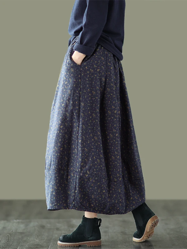 

Retro Floral Cotton Linen f Skirt Thiened Warm Spring Autumn Winter Vintage Bloom Skirt Elastic Waist Artistic Sle