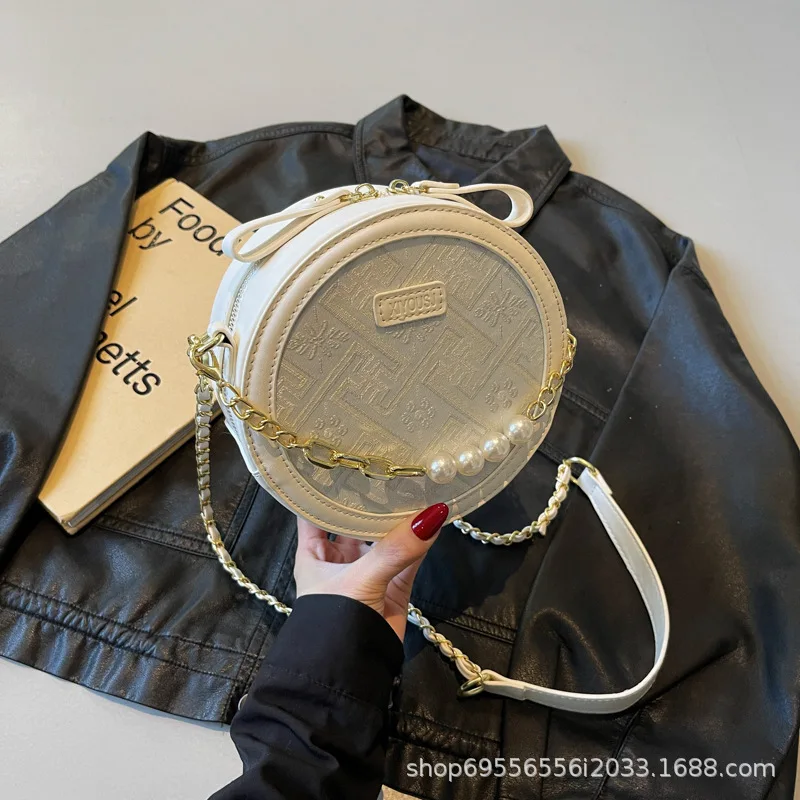 Women's Bag Pearl Chain Small 2025 Popular New Braided Crossbody Bag Fashion Single Shoulder Small Round Bag