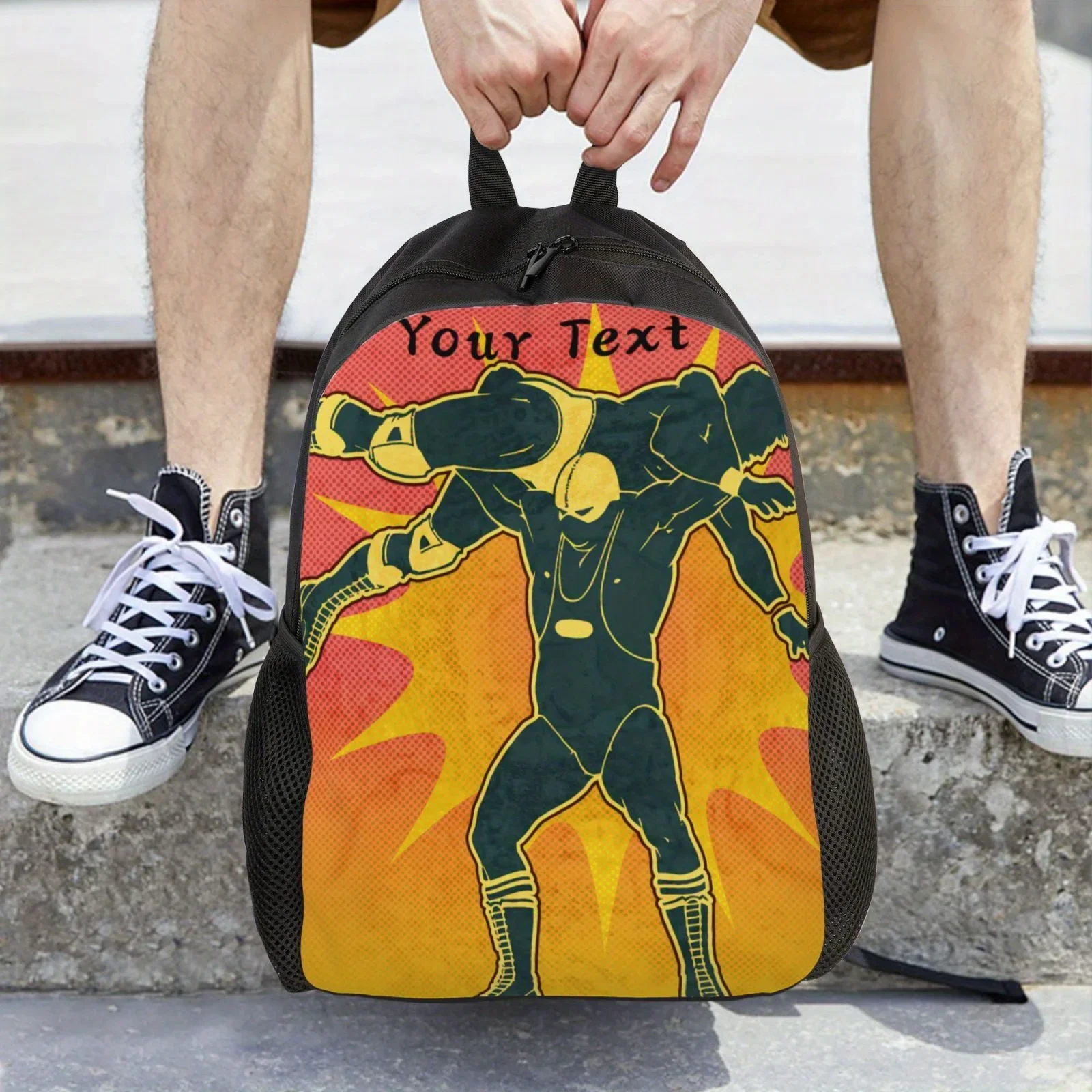 맞춤형 레슬링 테마 백팩 - 내구성이 뛰어난 폴리에스테르, 조절 가능한 스트랩, 노트북 수납 공간 - 학교, 직장, Tr에 적합