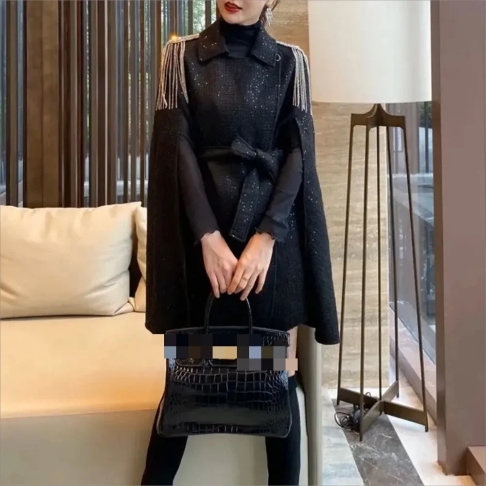 

Women's shawl Jacket Black Cape Belt Coat Women's fall/winter long loose shiny poncho women's coat