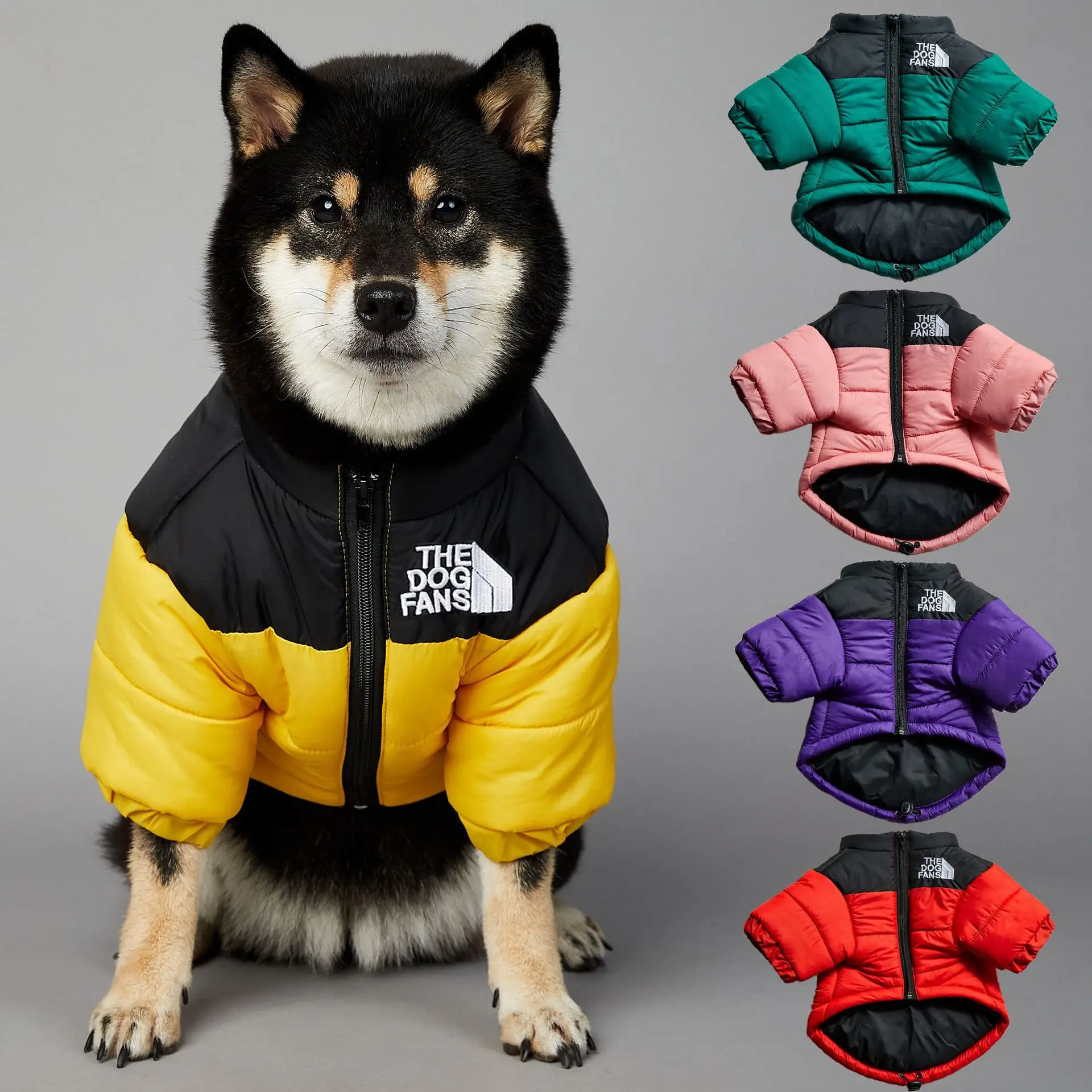 

Dog Face Pattern Windproof Waterproof Winter Thermal Raincoat Large Breed Pet Jacket with Fleece Collar Outdoor Dog Apparel