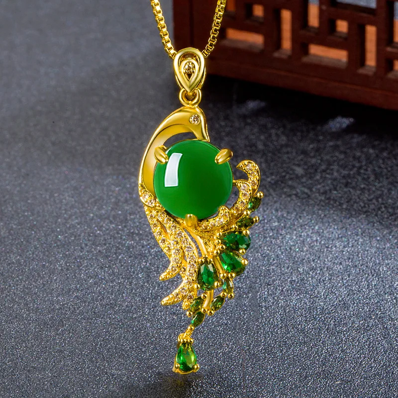 

100% Natural real green jade Chalcedony Phoenix Pendant necklace emerald ladies chain jade gift fine jewerly Lady Party Gift