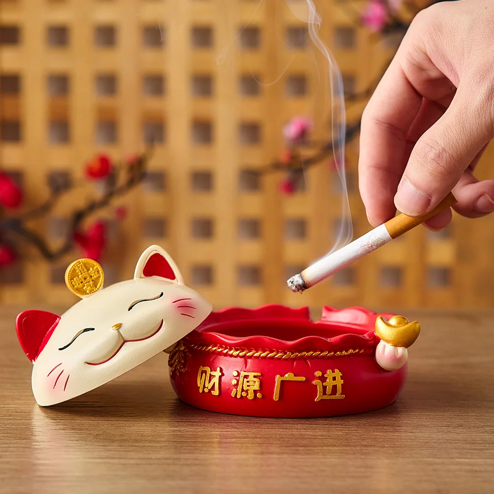 Ashtray with Lid Windproof Lucky Cat Figurines Home Decor Fortune Cat Organizer Key Storage cat ashtray Cigar desk accessories