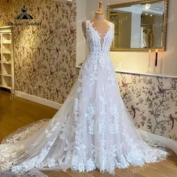 2025 Robe Mariee sin mangas vestido de novia con cuello en V Apliques de encaje vestido de novia sin espalda bata de soirée de mariage personalizado elegante