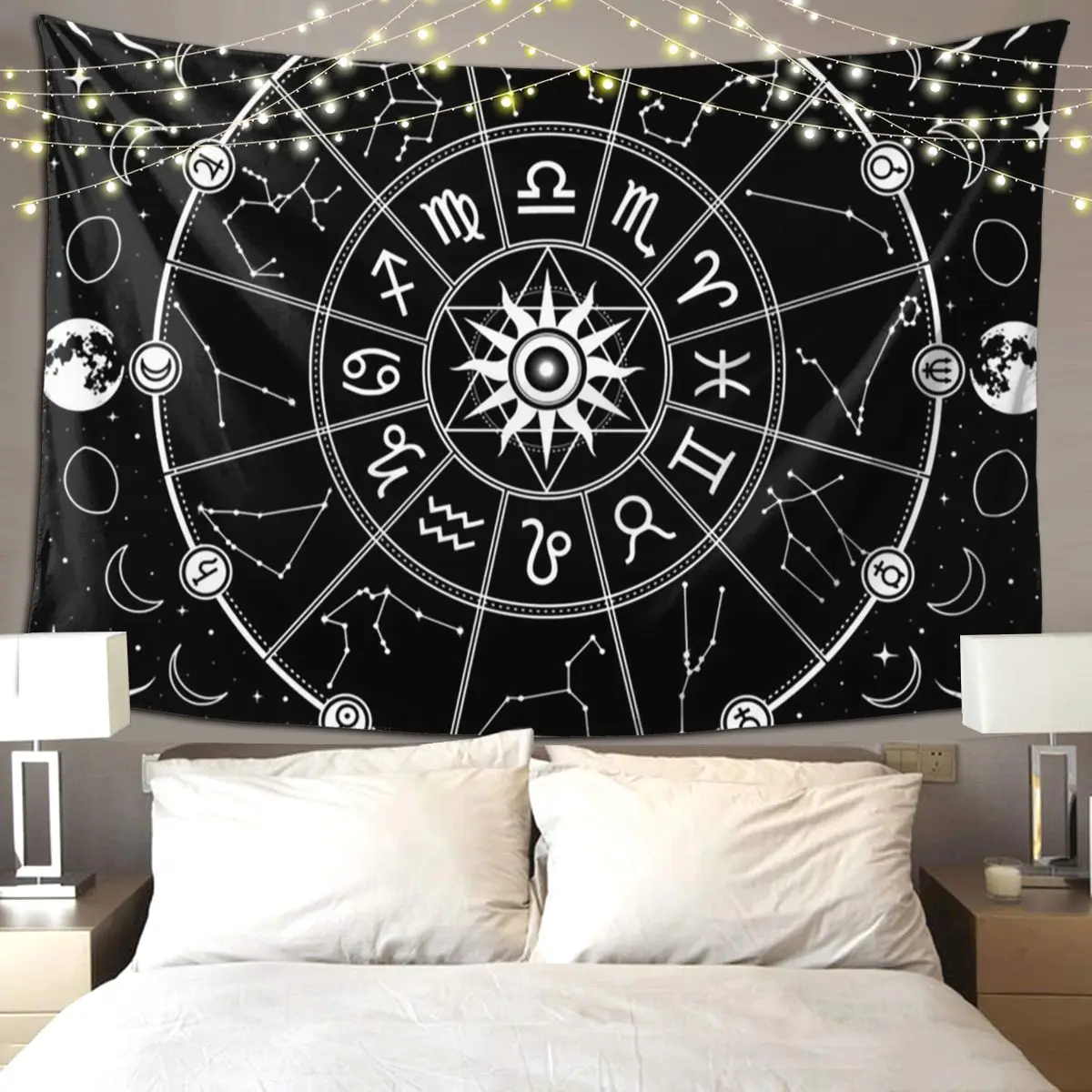 Zodiac Wheel Tapestry Hippie Wall Hanging Aesthetic Home Decoration Tapestries for Living Room Bedroom Dorm Room