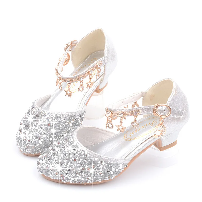 Zapatos de princesa para niños, calzado de tacón alto de cristal para las cuatro estaciones, versión coreana, de cuero con lentejuelas