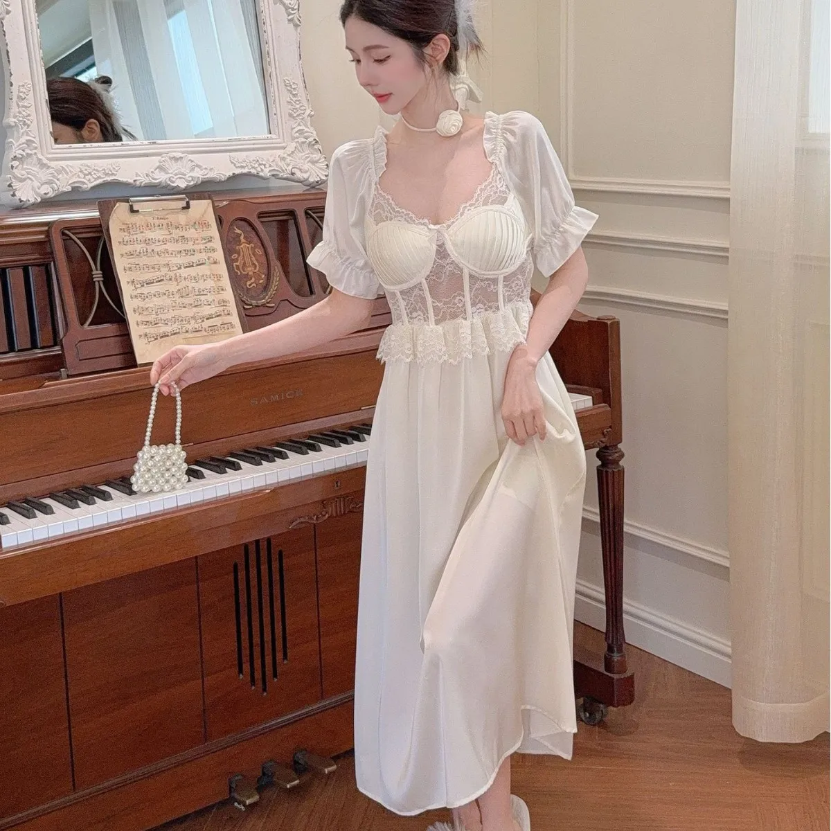 

Women Long Nightgown Sleepwear Elegant Retro Court Style Nightdress Home Dressing Gown Spring Summer Rayon Sexy Lace Loungewear