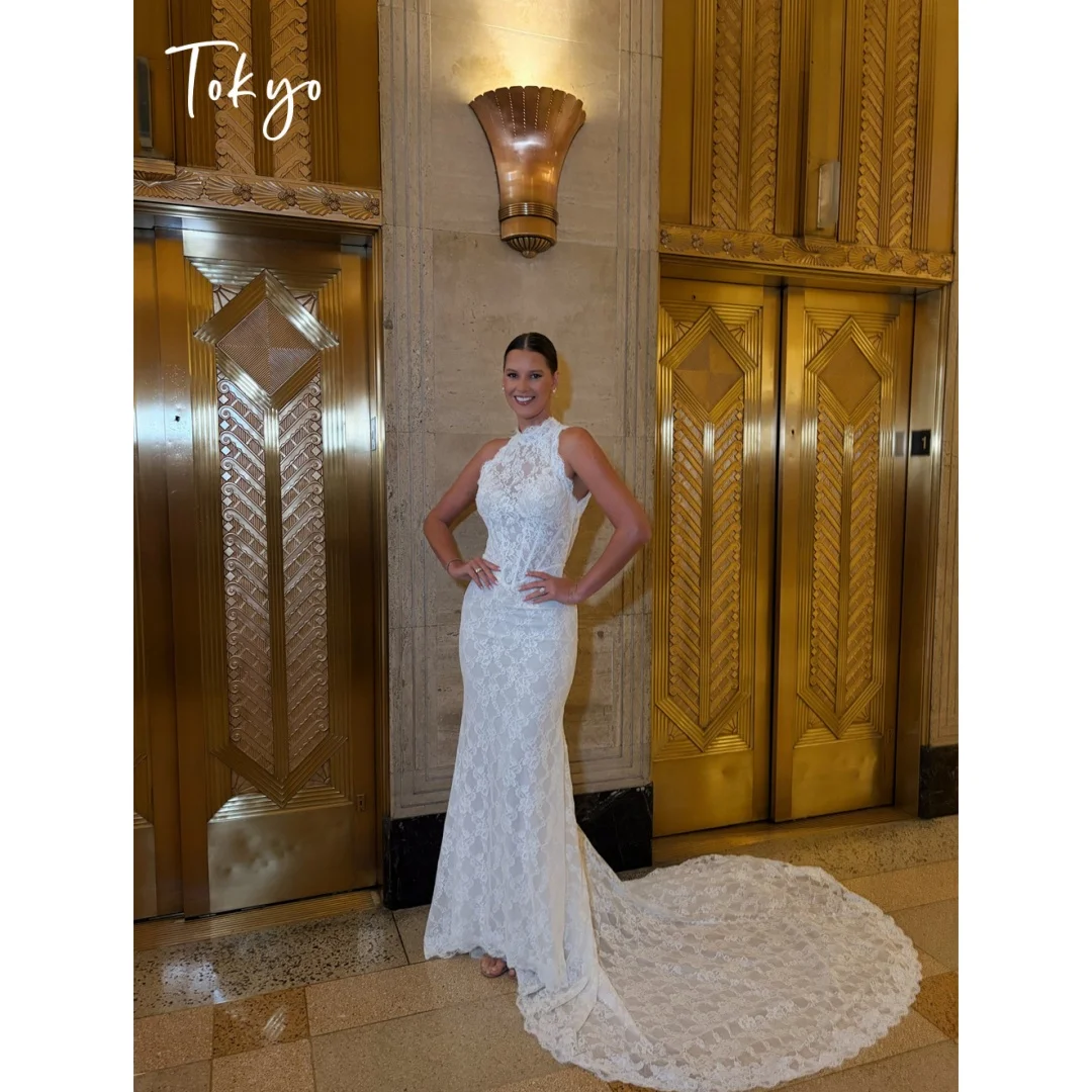 Tokyo Custom White Sleeveless High Neck Lace Mermaid Wedding Dress Elegant Sweep Train Bridal Gown Formal Evening Party Outfit