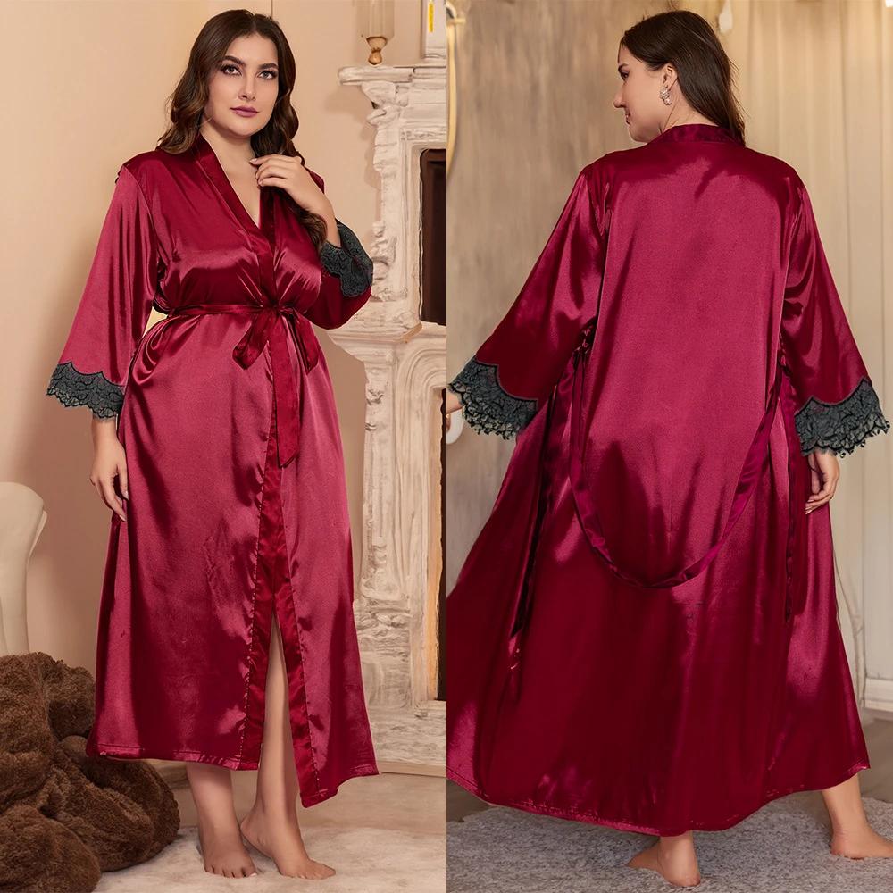 

Plus Size Women Long Robe Sleepwear Nightgown Luxury Silky Satin Kimono Bathrobe Dressing Gown Loose Casual Homewear Loungewear