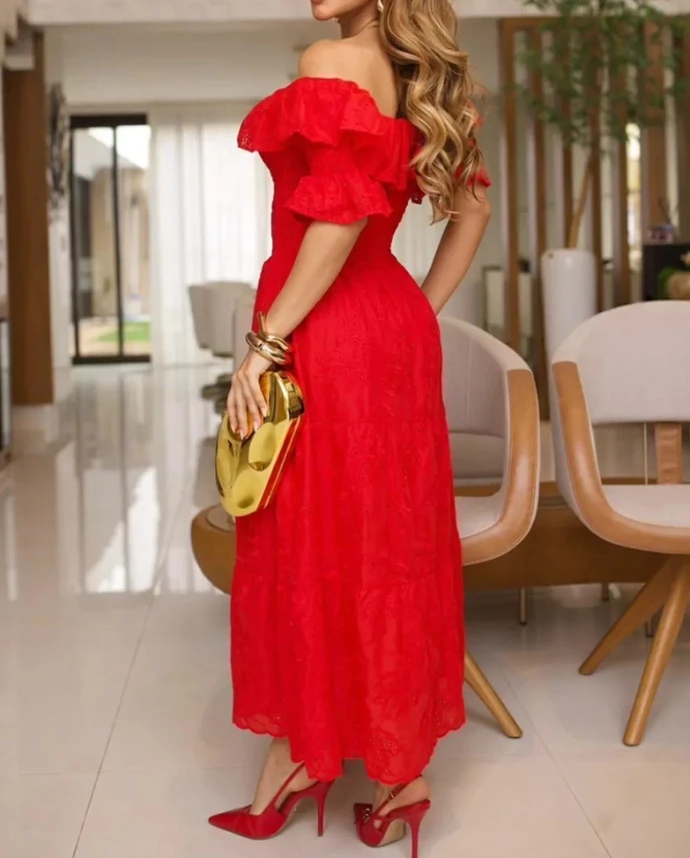 Off the Shoulder Lace Hollow-out Frill Hem Shirred Slim Fit Long Dress Elegant Dress