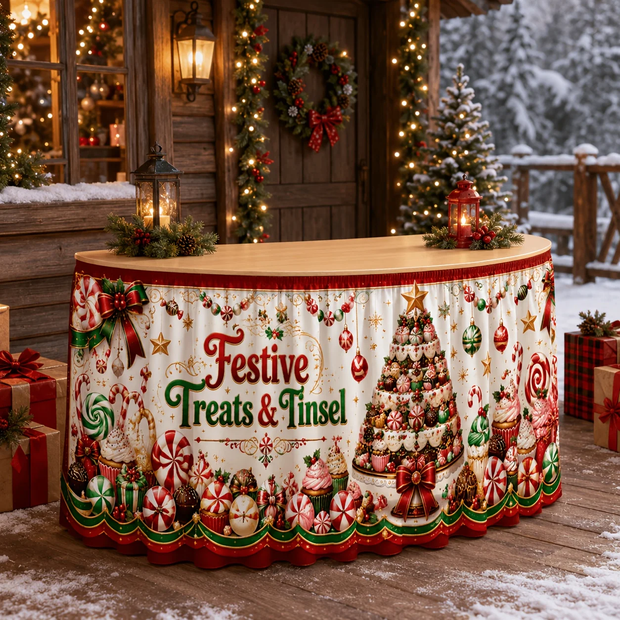 1 tablecloth table skirt Christmas dessert candy cane cupcake decoration