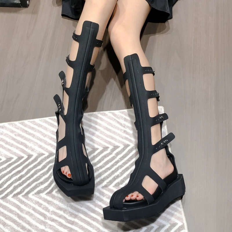 Black Square-Toe Hollow Knee-length Flat Sandals Woman 2024 Closed Toe Rear Zipper Thick-Soled Summer Mesh Boots Fashion Shoes