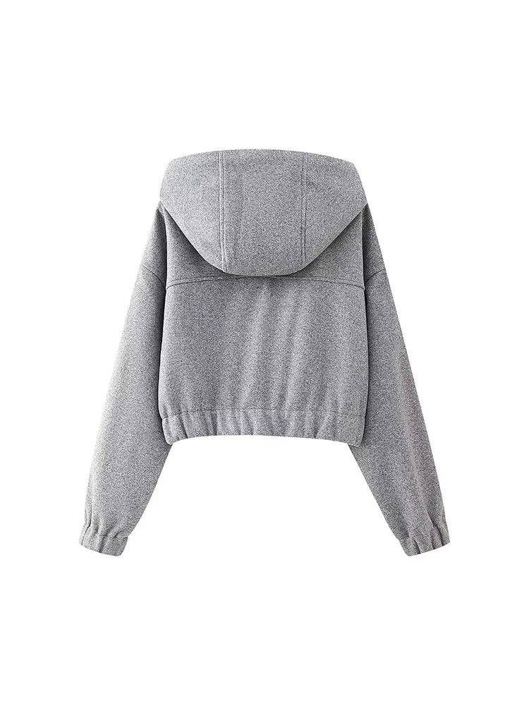 2024 Autumn And Winter New Women Casual Fashion All-In-One Hooded Double Zipper Gray Short Hoodie Coat