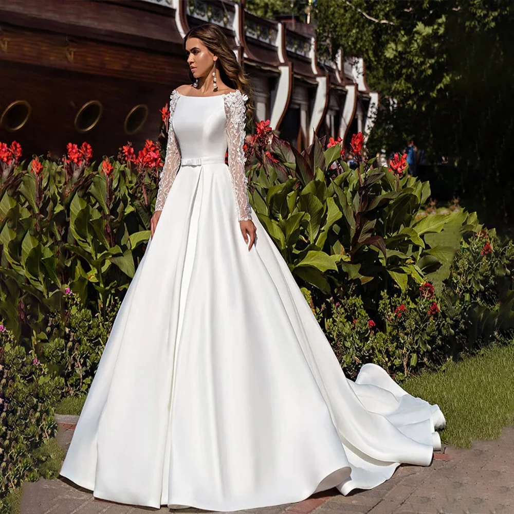 Graceful Boat Neck Satin Wedding Dress 3D Appliques Beading Lace Long Sleeves Open Back A Line Bridal Gown Robe De Mariée