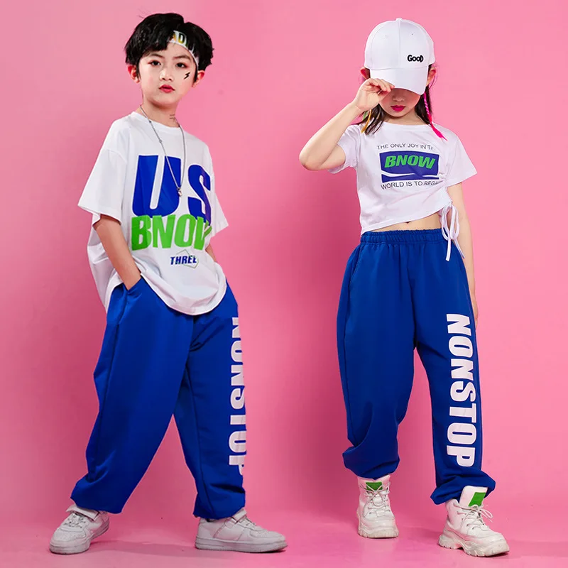 Hip Hop Girl Dance Clothes Summer White Crewneck Letter Print T-shirt Tops Blue Sweatpants 2pcs Boys Stage Costumes Kpop Outfits