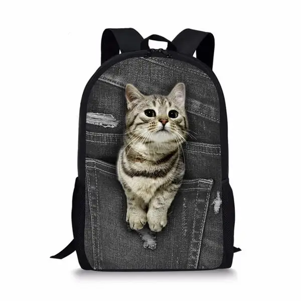 Animal Black Denim Pocket Cat Kitten Student School Bags Notebook Backpacks 3D Printed Oxford Waterproof Boys Girls Travel Bags