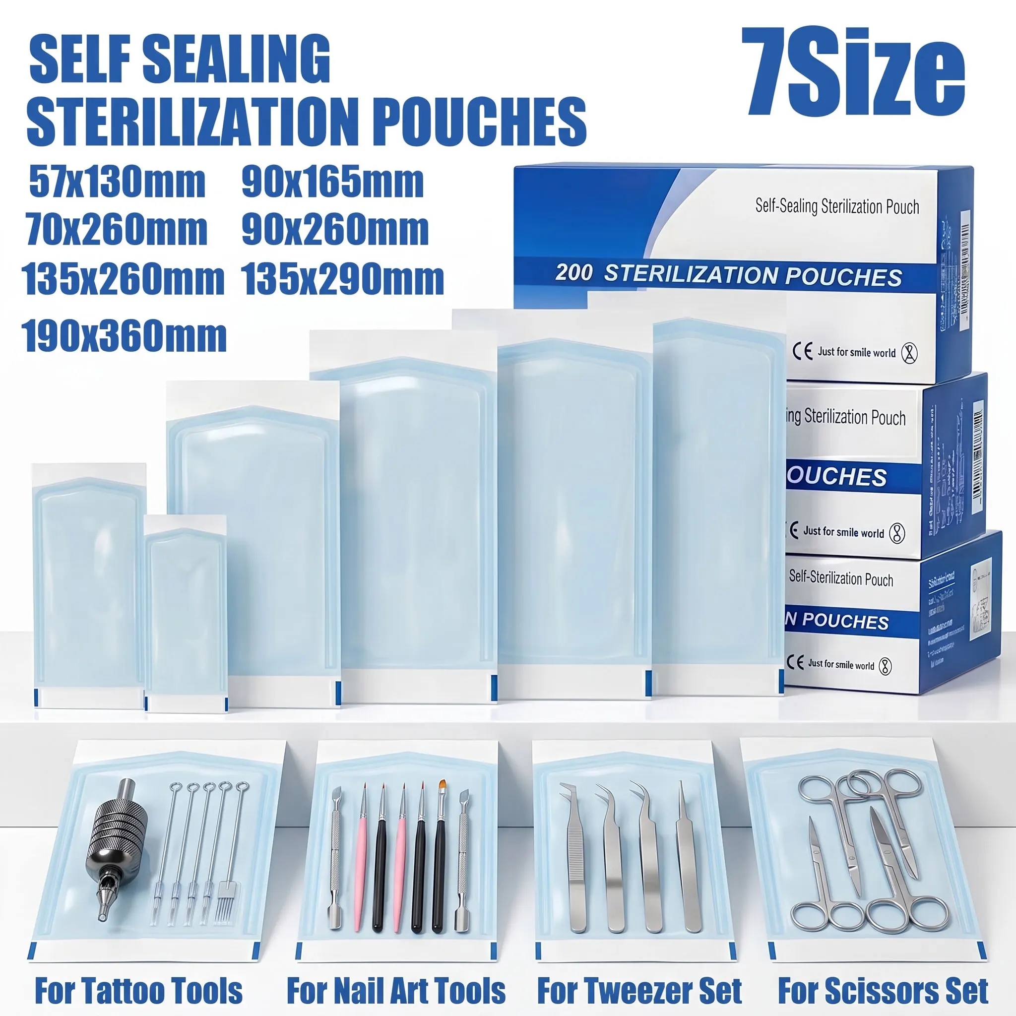 200/50/10pcs 7 Size Self-sealing Sterilization Pouches Self-adhesive Bags Clean Pouches For Tattoo Dental Nail Art Accessories